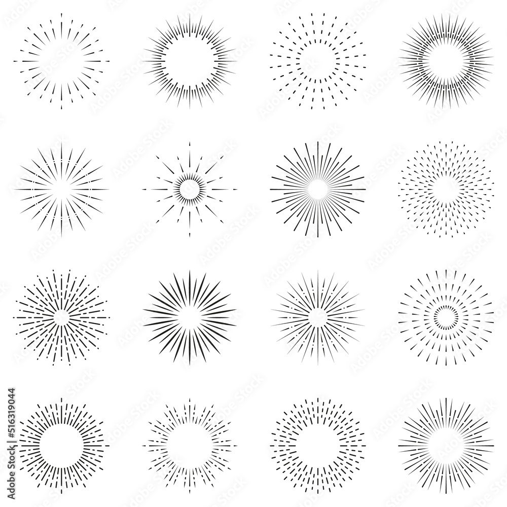 Firework Line Icon Set. Linear Pictogram. Circle Spark Sunburst Star Burst Shine Outline Icon. Starburst Light Explosion. Celebrate Happy Birthday, Merry Christmas Party. Isolated Vector Illustration