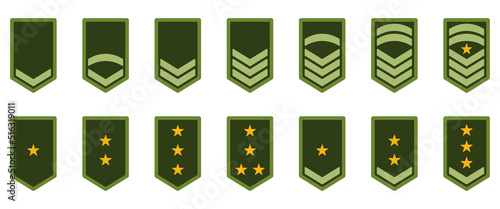 Army Rank Icon. Military Badge Insignia Green Symbol. Chevron Yellow Star and Stripes Logo. Soldier Sergeant, Major, Officer, General, Lieutenant, Colonel Emblem. Isolated Vector Illustration