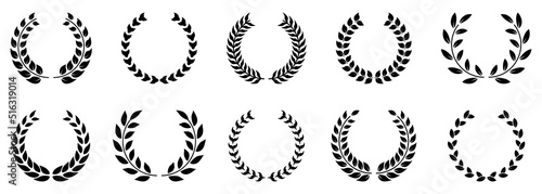 Black Chaplet Nominate Winner Silhouette Icon Set. Twig Achievement Tree Branch Leaf Victory Reward Certified. Circle Black Laurel Wreath Success Pictogram. Glory Crest. Isolated Vector Illustration.