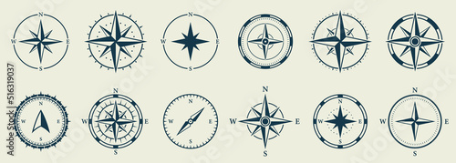 Windrose Silhouette Icon Set. Compass Nautical Navigator Cartography Glyph Pictogram. Rose Wind Navigator Icon. Adventure Direction to North South West East Sign. Isolated Vector Illustration photo