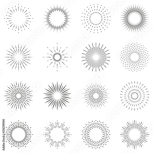 Firework Line Icon Set. Linear Pictogram. Circle Spark Sunburst Star Burst Shine Outline Icon. Starburst Light Explosion. Celebrate Happy Birthday, Merry Christmas Party. Isolated Vector Illustration