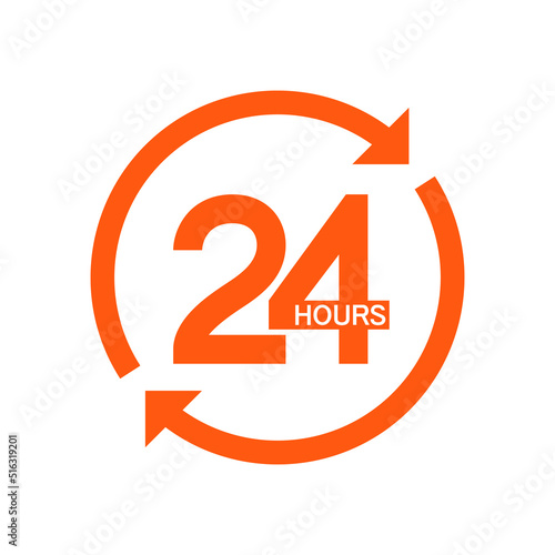Twenty four hour with arrow loop icon, 24 hours cyclic sign, Opened order execution or delivery, All day business and service, Vector design illustration
