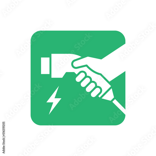 Hand holding charger connector icon, Electric car charging plug sign, Vector illustration