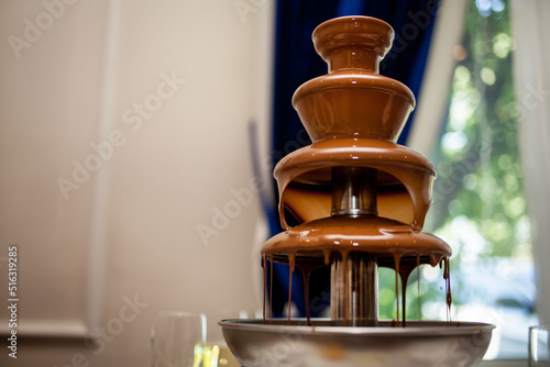 Chocolate fountain on the wedding. Vibrant chocolate fountain on kids birthday party with happy children around photo