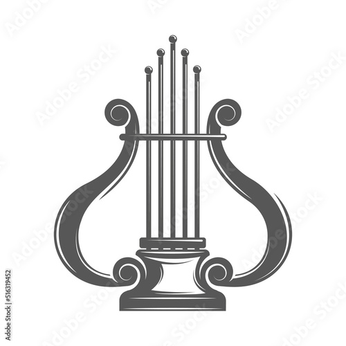 Vintage musical harp isolated on white background. Lyre symbol for logo design. Vector illustration