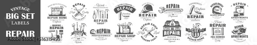 Set of vintage repair labels. Posters, stamps, banners and design elements. Vector illustration