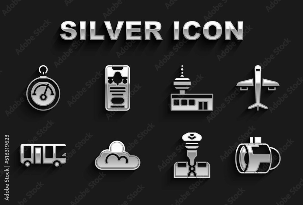 Set Cloud weather, Plane, Jet engine turbine, Pilot, Airport bus, control tower, Barometer and Mobile with ticket icon. Vector Set Cloud weather, Plane, Jet engine turbine, Pilot, Airport bus, control tower, Barometer and Mobile with ticket icon. Vector