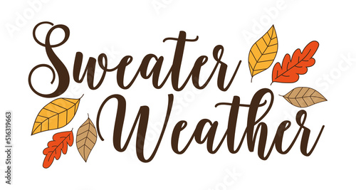 Sweater weather - autumnal slogan with colorful leaves.