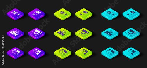 Set Photo frame, retouching, camera with flash, and Battery for icon. Vector