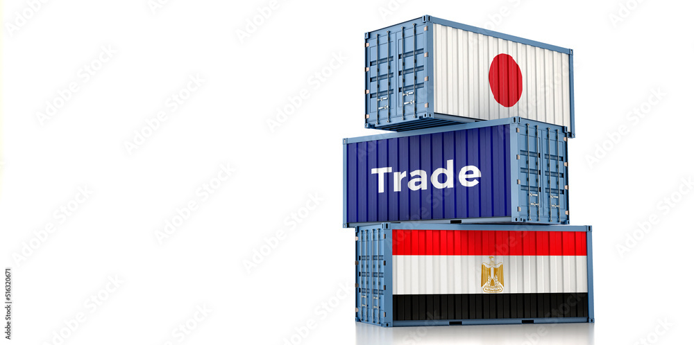 Cargo containers with Japan and Egypt national flags. 3D Rendering Cargo containers with Japan and Egypt national flags. 3D Rendering
