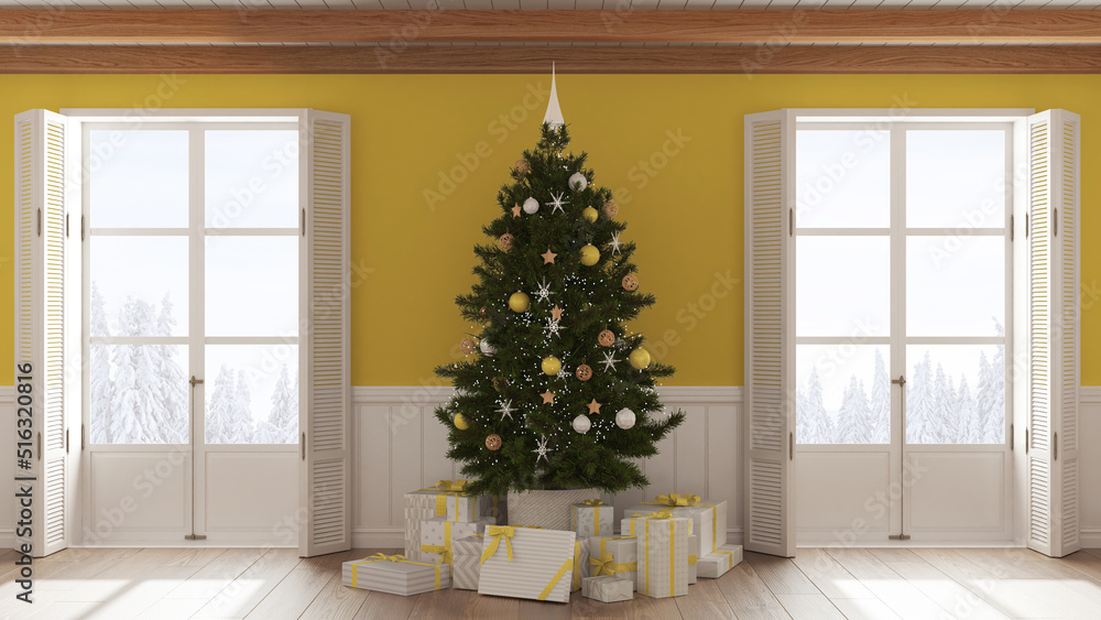Christmas interior design, living room with parquet floor in white and yellow tones, wooden ceiling and panoramic windows on winter landscape. Party decorations, contemporary style Christmas interior design, living room with parquet floor in white and yellow tones, wooden ceiling and panoramic windows on winter landscape. Party decorations, contemporary style