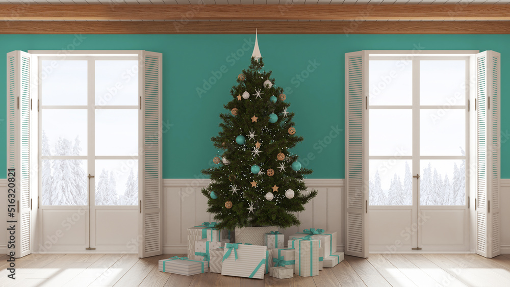 Christmas interior design, living room with parquet floor in white and turquoise tones, wooden ceiling and panoramic windows on winter landscape. Party decorations, contemporary style Christmas interior design, living room with parquet floor in white and turquoise tones, wooden ceiling and panoramic windows on winter landscape. Party decorations, contemporary style