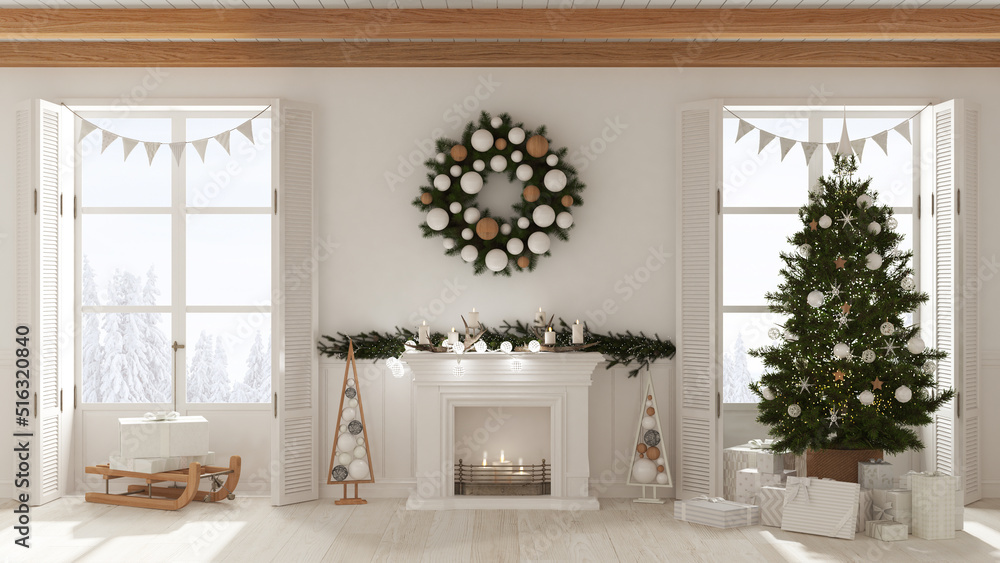 Christmas interior design, living room with fireplace in white tones, decorated tree and panoramic windows on winter landscape. New year party, contemporary style Christmas interior design, living room with fireplace in white tones, decorated tree and panoramic windows on winter landscape. New year party, contemporary style