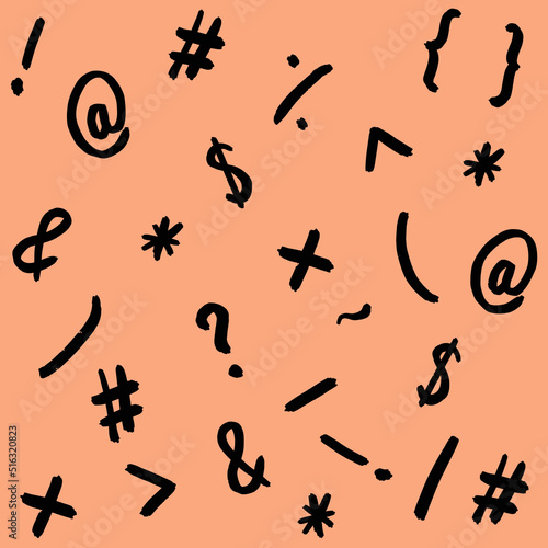 pattern with the image of keyboard symbols. Punctuation marks. Template for applying to the surface. pastel red orang background. Square image.