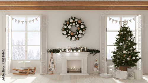 Christmas interior design, living room with fireplace in white tones, decorated tree and panoramic windows on winter landscape. New year party, contemporary style
