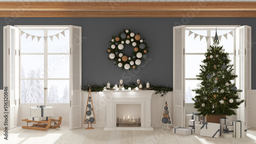 Photography Christmas interior design, living room with fireplace in white and gray tones, decorated tree and panoramic windows on winter landscape