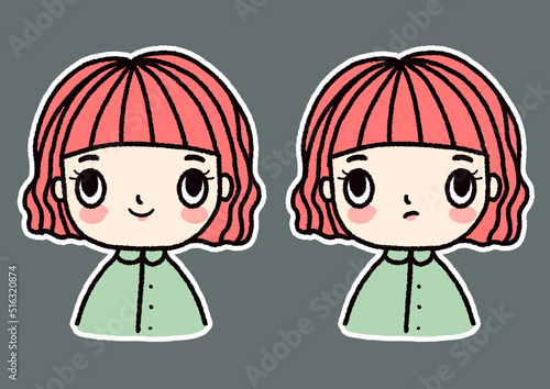 Hand drawn portrait of young woman with short hair cartoon girl