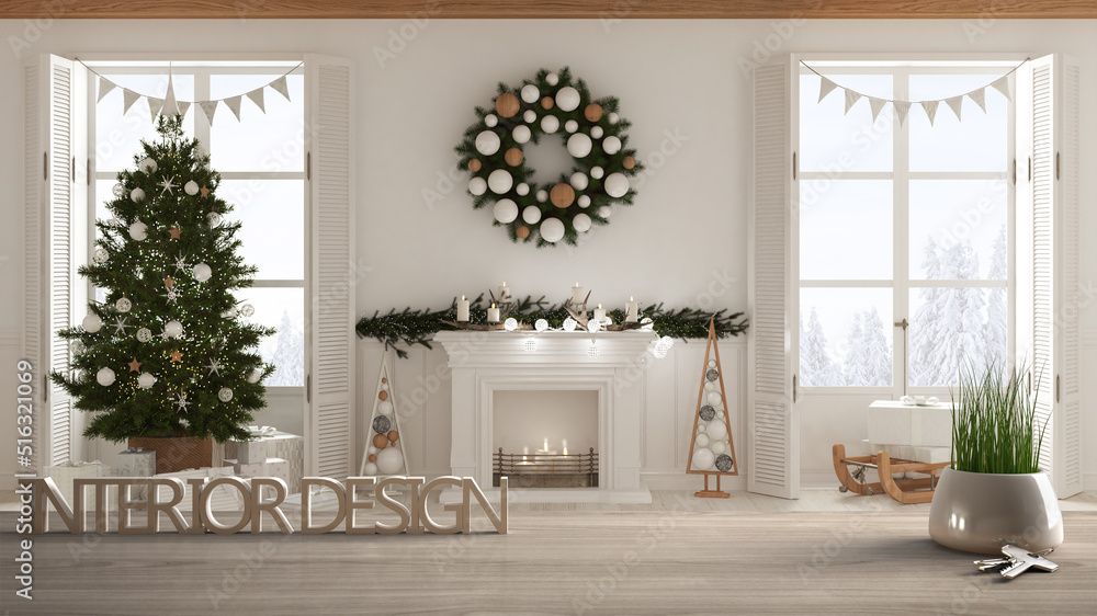 Wooden table, desk or shelf with potted grass plant, house keys and 3D letters making the words interior design, over Christmas living room project concept copy space background Wooden table, desk or shelf with potted grass plant, house keys and 3D letters making the words interior design, over Christmas living room project concept copy space background