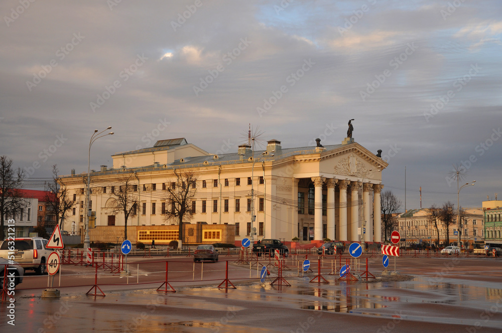 Gomel Drama Theater on Lenin Square in rainy day. Gomel, Belarus