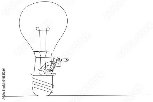 Drawing of businessman riding light bulb balloon using spyglass or telescope searching for vision. Search for new business opportunity, challenge or achievement concept. Single continuous line art