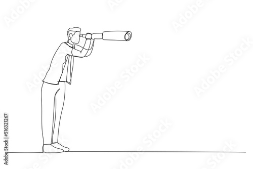 Illustration of entrepreneur with telescope. Idea or inspiration, business visionary. One line style art