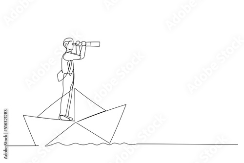 Illustration of businessman looks through a telescope standing on paper boat vector  business concept illustration. One continuous line art style
