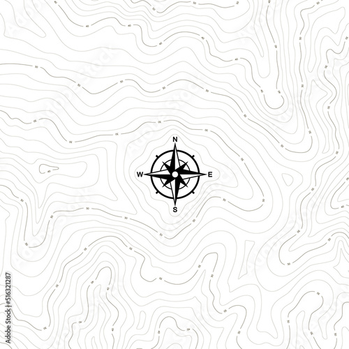 Vector seamless background with topographical contour texture, isolines with compass. Isolated on white background.