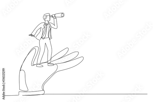 Cartoon of businessman stand on support hand look into telescope vision. Support or empowerment for career development. Single continuous line art style