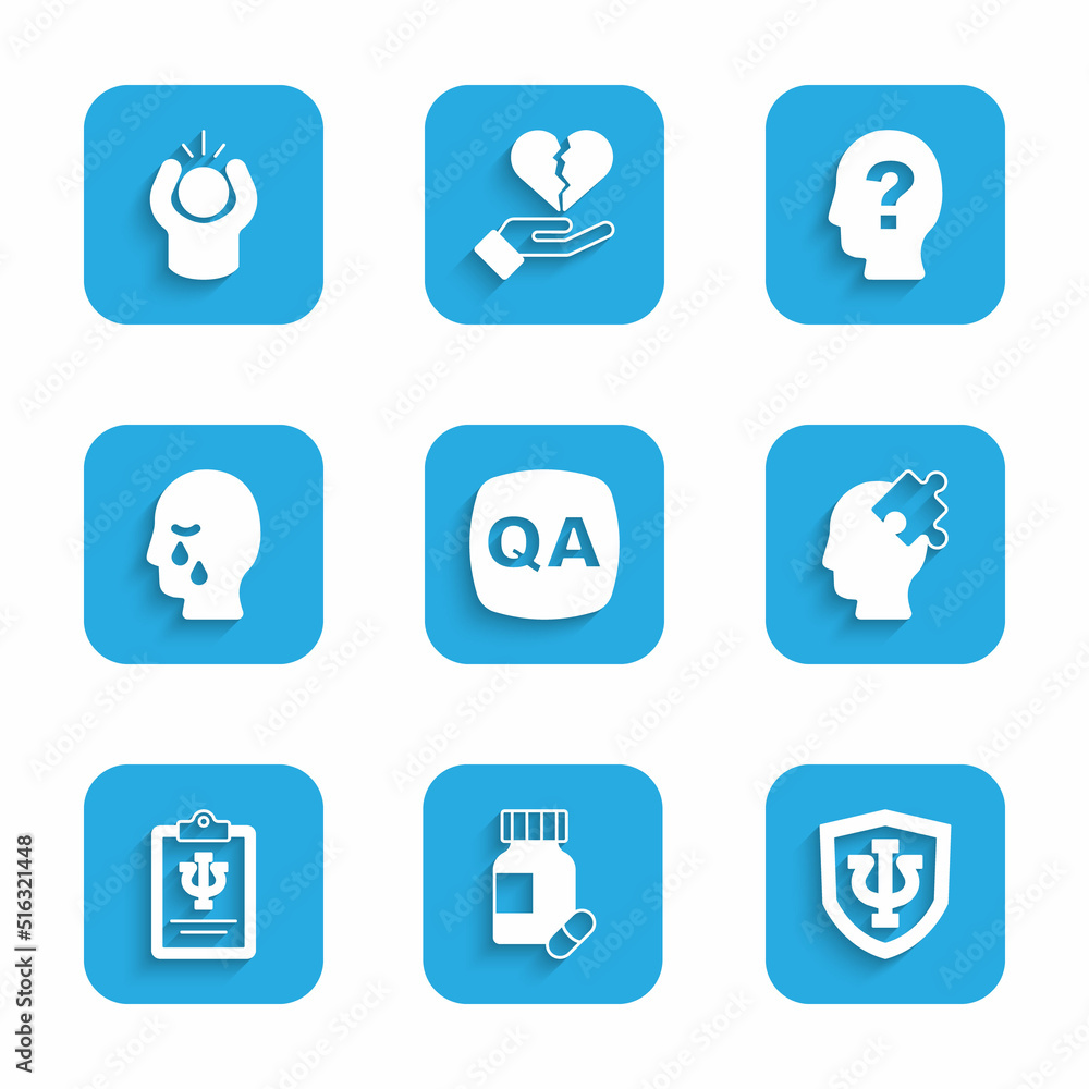 Set Question and Answer, Sedative pills, Psychology, Psi, Solution to the problem, Man graves funeral sorrow, Head with question mark and Anger icon. Vector Set Question and Answer, Sedative pills, Psychology, Psi, Solution to the problem, Man graves funeral sorrow, Head with question mark and Anger icon. Vector