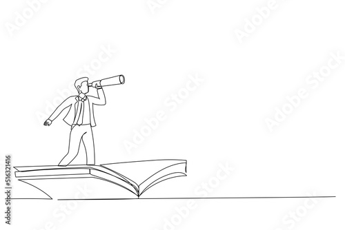 Drawing of businessman using telescope on flying book. Knowledge, references, opportunity, vision in business. Single line art style