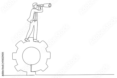 Illustration of businessman standing on gears looks through a telescope.. One line art style