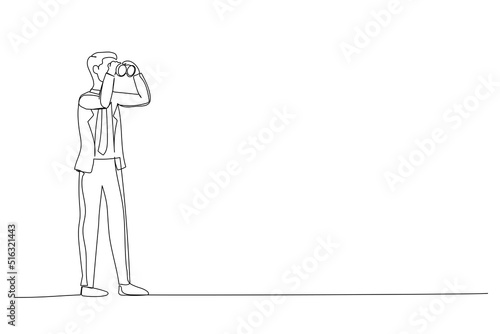 Cartoon of businessman Looking Through Binocular. Career direction or work achievement concept. Continuous line art