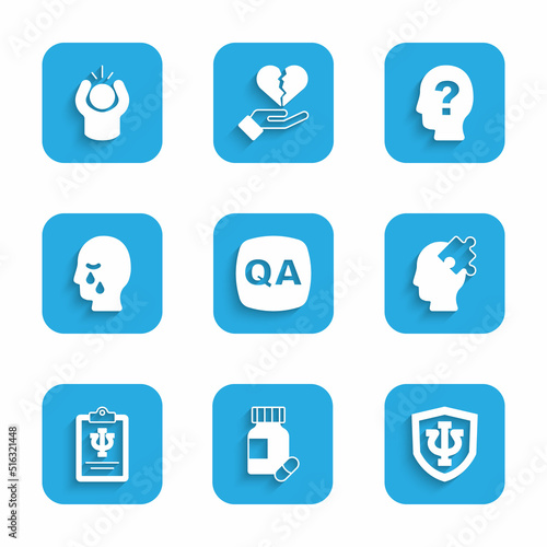 Set Question and Answer, Sedative pills, Psychology, Psi, Solution to the problem, Man graves funeral sorrow, Head with question mark and Anger icon. Vector