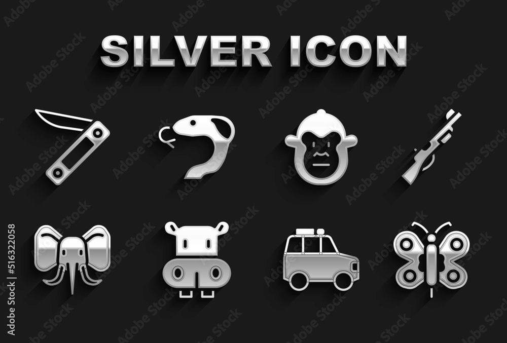 Set Hippo or Hippopotamus, Hunting gun, Butterfly, Car, Elephant, Monkey, Swiss army knife and Snake icon. Vector Set Hippo or Hippopotamus, Hunting gun, Butterfly, Car, Elephant, Monkey, Swiss army knife and Snake icon. Vector