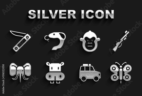 Set Hippo or Hippopotamus, Hunting gun, Butterfly, Car, Elephant, Monkey, Swiss army knife and Snake icon. Vector