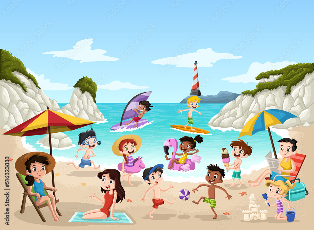 Group of cartoon people on beautiful beach.

