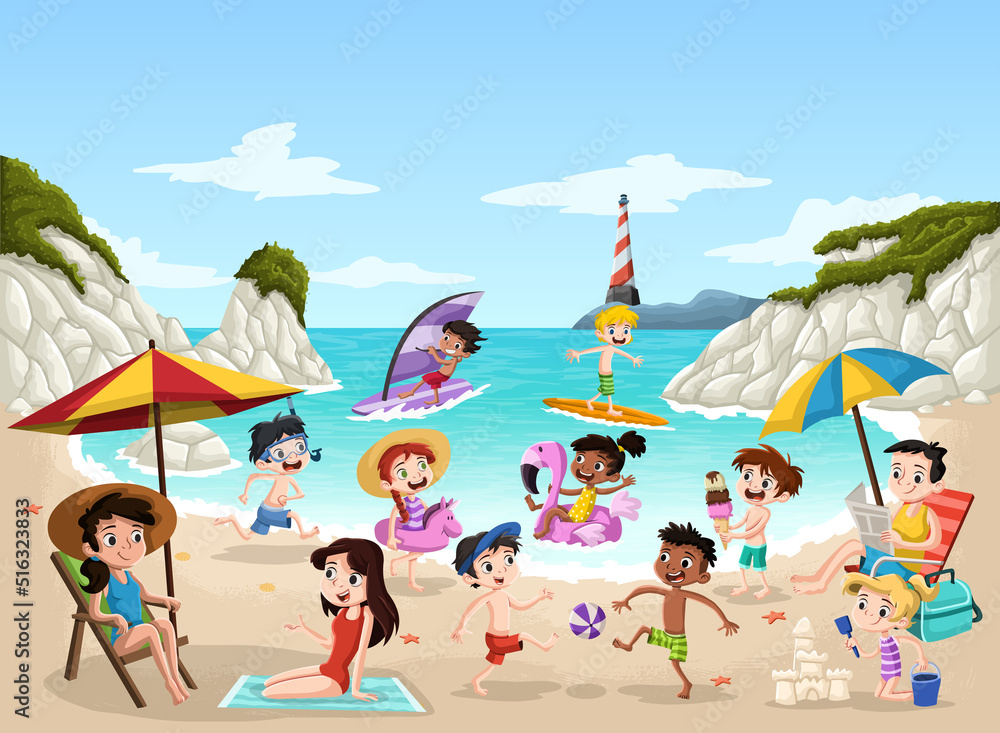 Group of cartoon people on beautiful beach.
Group of cartoon people on beautiful beach.