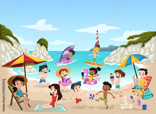 Group of cartoon people on beautiful beach. 