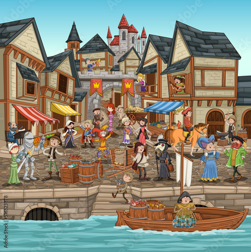 Cartoon medieval town. Middle age village with people.  Ancient city with cartoon characters.