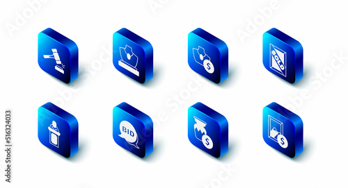 Set Auction jewelry sale, painting sold, ancient vase, Bid, auctioneer sells and hammer icon. Vector