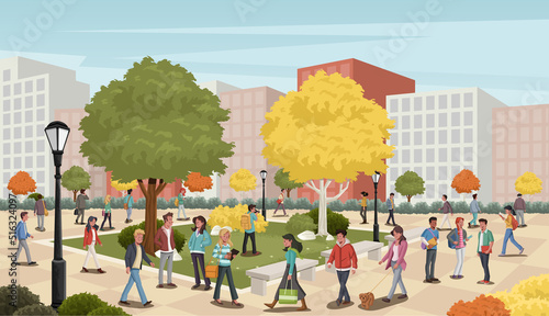Group of people in a park with grass and trees. City landscape.

