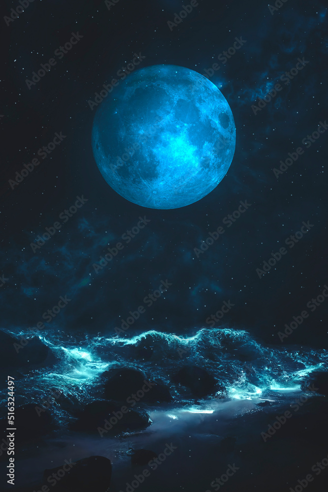 Fantasy landscape, sci-fi landscape with planet, neon light, cold planet. Metaverse. Galaxy, unknown planet. Dark natural scene with light reflection in water. Neon space galaxy portal. 3d 