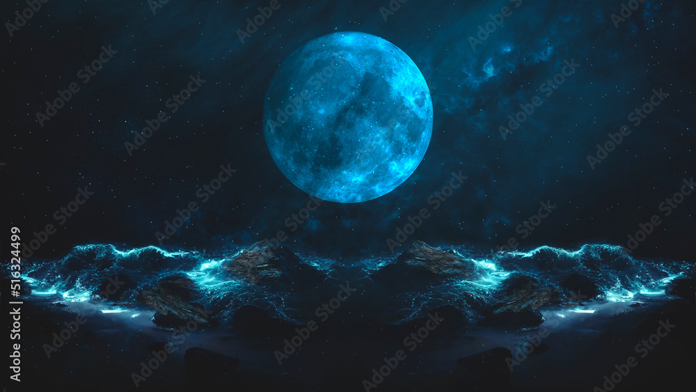 Fototapeta premium Fantasy landscape, sci-fi landscape with planet, neon light, cold planet. Metaverse. Galaxy, unknown planet. Dark natural scene with light reflection in water. Neon space galaxy portal. 3d 