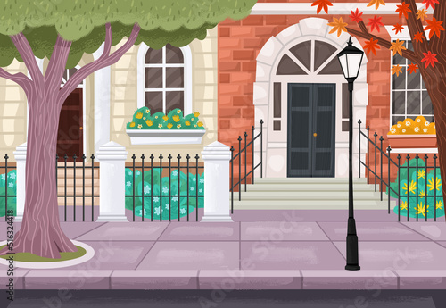 Street of a colorful city with trees. Cartoon sidewalk.
