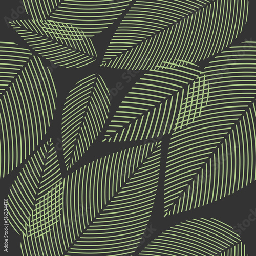 Vector seamless pattern with many big different linear leaves on dark gray background. Decorative element for card, summer banner, cold drinks packaging design. Organic green tea. Trendy graphic print