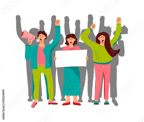 Persons with banners and megaphone. Protest and demonstration concept. Vector flat illustration.