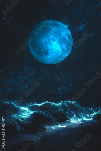 Fantasy landscape, sci-fi landscape with planet, neon light, cold planet. Metaverse. Galaxy, unknown planet. Dark natural scene with light reflection in water. Neon space galaxy portal. 3d 