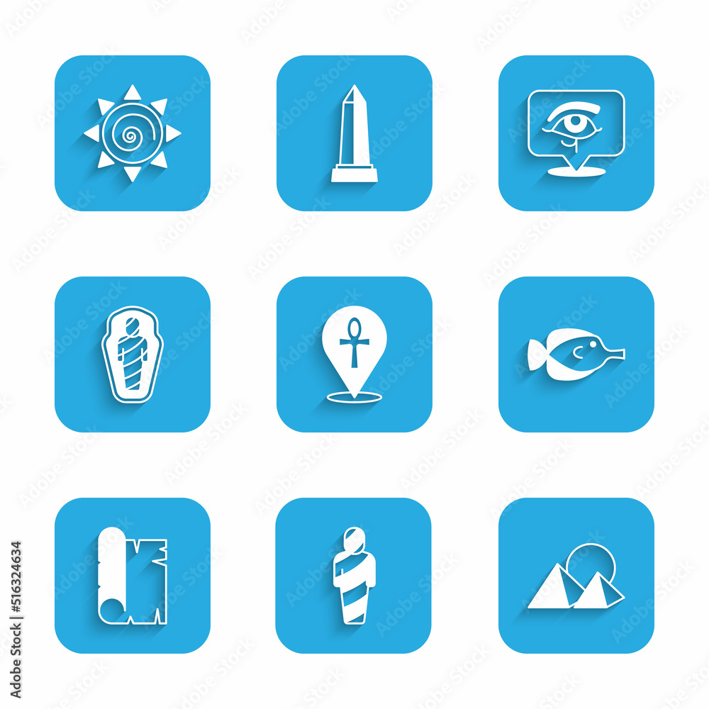 Set Cross ankh, Egypt mummy, pyramids, Butterfly fish, Papyrus scroll, in sarcophagus, Eye of Horus and Sun icon. Vector Set Cross ankh, Egypt mummy, pyramids, Butterfly fish, Papyrus scroll, in sarcophagus, Eye of Horus and Sun icon. Vector
