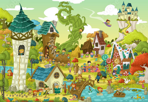 Magic world with fairy tale characters. Cartoon fantasy background village.
