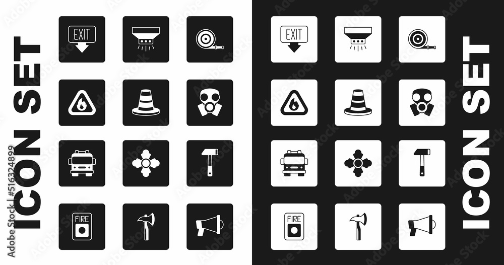 Set Fire hose reel, Traffic cone, flame in triangle, exit, Gas mask, sprinkler system, Hammer and truck icon. Vector Set Fire hose reel, Traffic cone, flame in triangle, exit, Gas mask, sprinkler system, Hammer and truck icon. Vector